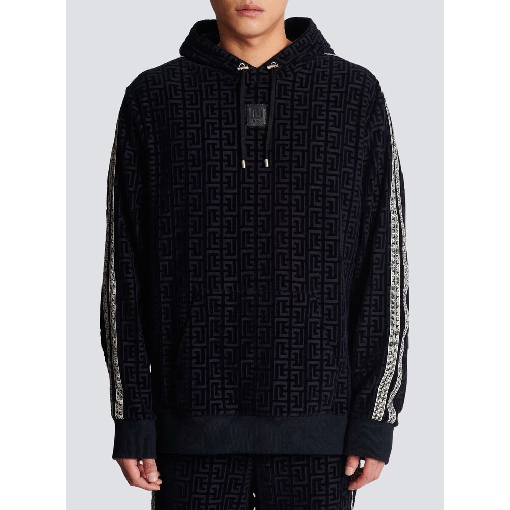 $1950 Balmain Men's Velvet Monogram Hoodie Sweatshirt Navy Multi Size L